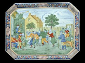 Large rectangular platter with an elaborate figurative scene and decorative border, in color