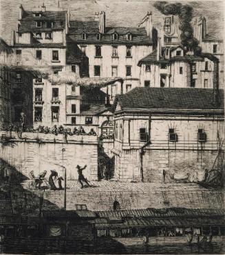 Black and white etching of a street in Paris boardered by a river along which two small figures…