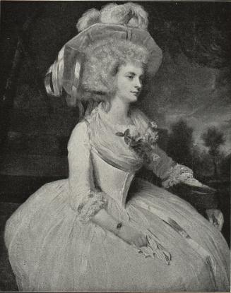 Black and white gouache drawing of a woman in eighteenth-century dress with a large feathered h…