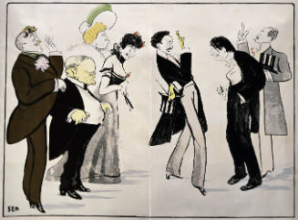 Illustration of seven standing figures wearing formal attire