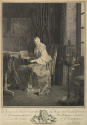 Black and white ink image of woman sitting at table with bird cage