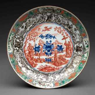 Dish with figures painted in red at the center, plus various floral motifs painted on the rim i…