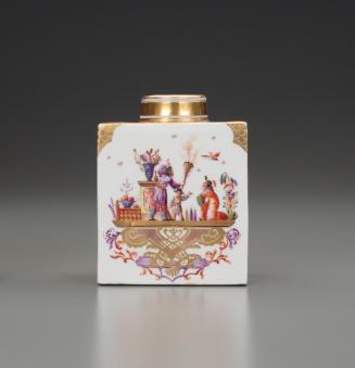 Tea caddy featuring a painted scene with three figures and gilt decoration