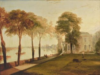 Oil painting of house with lawn, trees, and water