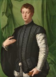 oil painting of a man wearing a black doublet and cloak standing in front of a green curtain