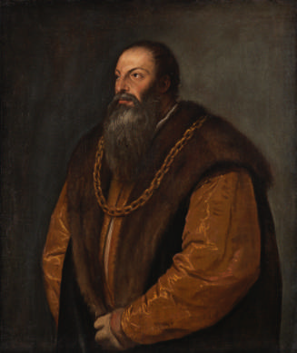 oil painting of Pietro Aretino wearing a sleeveless black cloak with a fur collar over a copper…