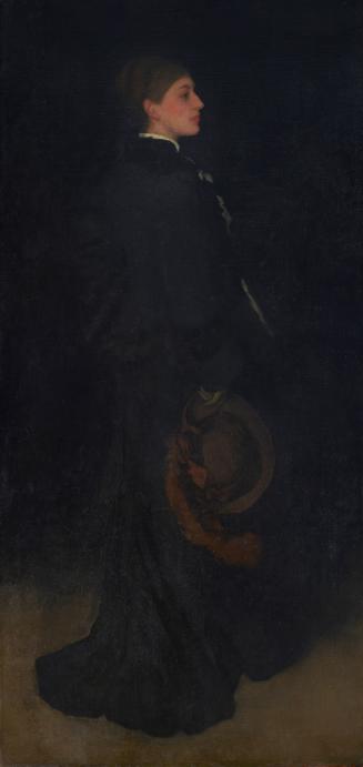 Oil painting of standing woman wearing black