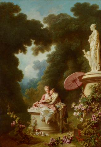 oil painting of a woman seated on a plinth next to a standing man who leans towards her in a la…