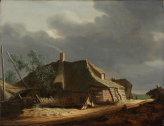 Oil on panel of a farmhouse with thatched roof sitting under a grey, cloudy sky