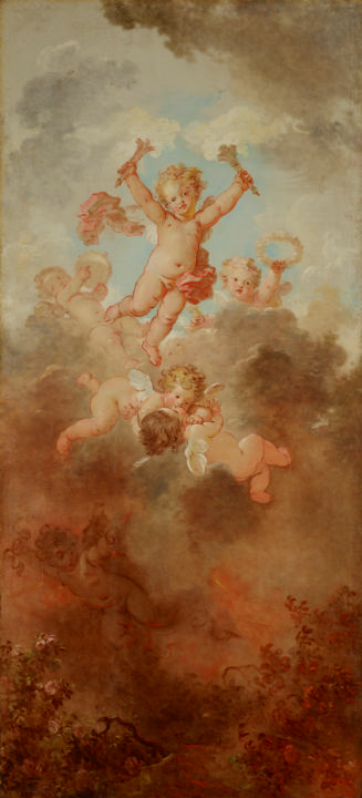 oil painting of five children with wings frolicking in the sky