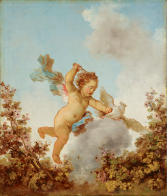 oil painting of a child with wings in the sky holding a knife in one hand and a white dove in t…