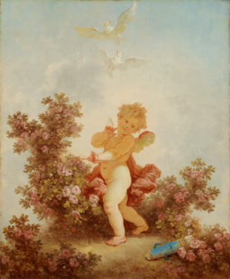 oil painting of a child with wings holding an arrow and standing in the grass with two white do…