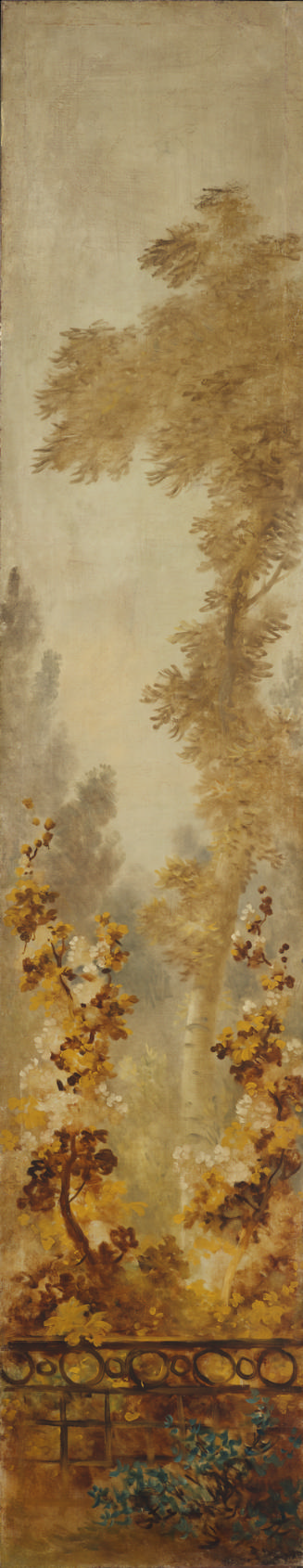 oil painting of a landscape with a fence, trees, and flowering plants