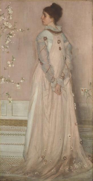 Oil painting of standing woman wearing white and pink dress