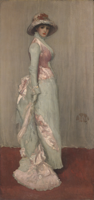 Oil painting of standing woman wearing white and pink dress