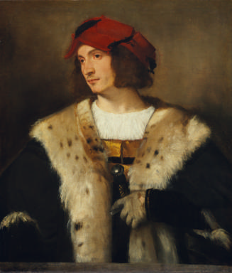 oil painting of a man wearing a red cap and a black fur-trimmed cloak