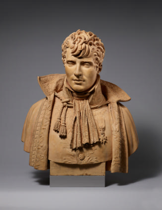 Terracotta bust of Louis-Étienne Vincent-Marniola.  His head is slightly tilted to his left, he…
