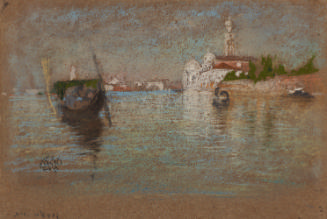 Pastel drawing on brown paper of boats on still, blue water with white domed buildings and brig…