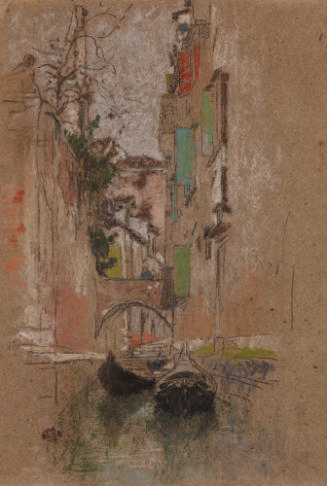 Pastel and black chalk drawing on brown paper of three boats in a narrow cana. There are houses…
