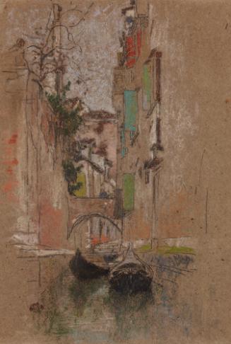 Pastel and black chalk drawing on brown paper of three boats in a narrow canal. There are house…