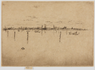 Brownish-black etching of boats and the city of Venice across a body of water dotted with posts…