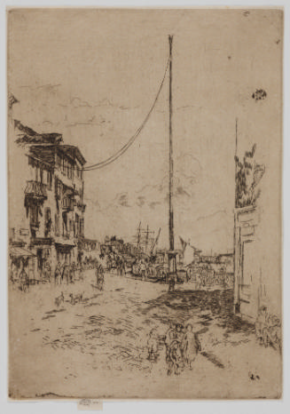 Dark brown etching of a street scene in Venice with buildings on the left and bordered by water…