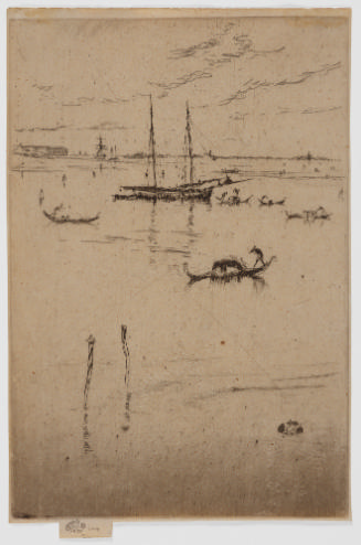 Dark brown etching of a double-masted ship surrounded by gondolas with reflections and small wa…