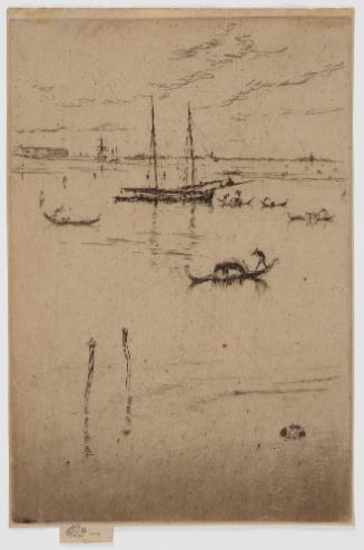 Dark brown etching of a double-masted ship surrounded by gondolas with reflections and small wa…