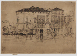 Dark brown etching of Venetian palaces viewed across the water with gondolas in front of the pa…
