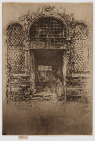 Dark brown etching of an arched Venetian doorway with arched windows on either side. A woman st…
