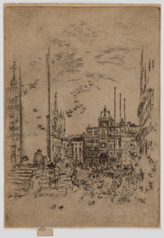Dark brown etching of a column in a piazza in Venice with a cathedral on the left and buildings…