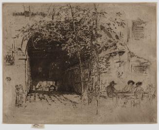 Dark brown etching of an arched entryway in deep shadow, with a woman holding a child to the le…