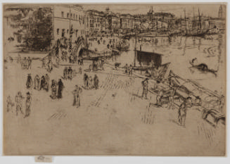 Dark brown etching of figures in an open space bordered by water on the right. Across a bridge …