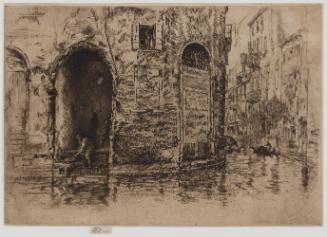 Dark brown etching of a man crouched over on stairs in a darkened doorway along a canal that cu…