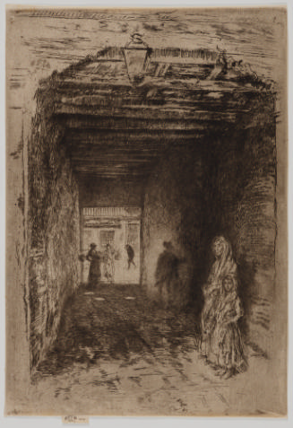 Dark brown etching of beggars-- a woman and a young girl-- standing in a darkened alleyway, wit…
