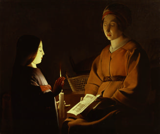 oil painting of a young Virgin Mary and her mother reading scripture by candlelight 