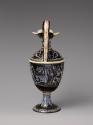 Back view of black painted enamel ewer