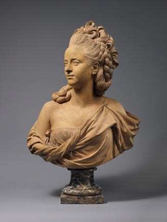 Terracotta bust of Marie-Adélaïde Hall.  Her head is turned to her right, her curly hair is ela…