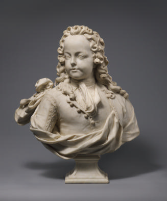 Marble bust of Louis XV as a child of six years old.  The child's head is facing to his right, …