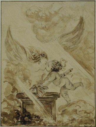 Brush drawing of Cupid kissing a winged woman above a plinth surrounded by clouds with rays of …