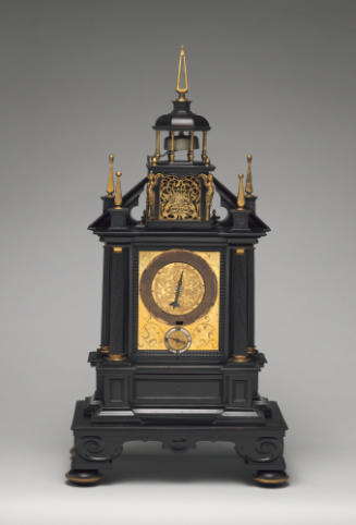 Three-quarter frontal view of Altar Clock consisting of a large ebonized architectural case wit…