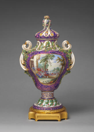 Porcelain pot-pourri vessel in purple and green with landscape scene