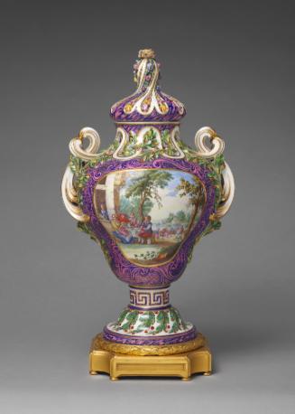 Porcelain pot-pourri vessel in purple and green with landscape scene