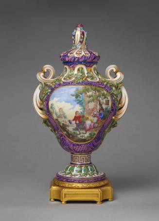 Porcelain pot-pourri vessel in purple and green with landscape scene