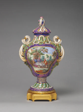 Porcelain pot-pourri vessel in purple and green with landscape scene