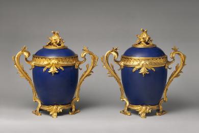 Pair of blue hard-paste porcelain and gilt bronze mounted covered jars