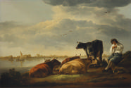 Oil painting of cows and a herdsman by a river