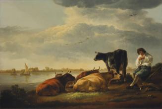 Oil painting of cows and a herdsman by a river