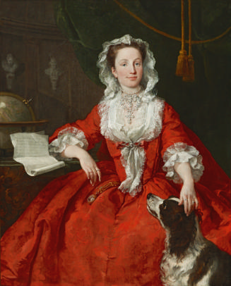 Oil painting of woman wearing red dress sitting with dog
