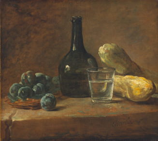 Oil painting of a still life with plums, yellow squash, a drinking glass, and a bottle